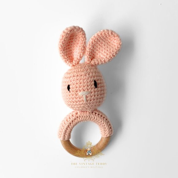 NWT Cute Handmade Crochet Bunny Baby Rattle Baby & Toddler Wooden Plush Toys - Picture 1 of 3